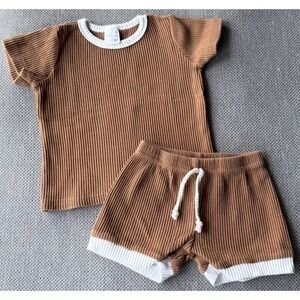 Little One Shop Ribbed Set 12-18M Brown Neutral Outfit Shirt Shorts Matching